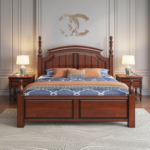 美式乡村全实木床简约1.8米双人床罗马柱主卧 高箱储物床婚床欧式