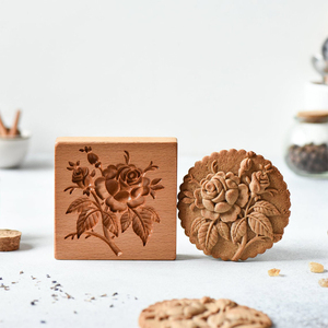 AMAGOUR 复古浮雕木质玫瑰花饼干模具 中式烘焙翻糖压花切模工具