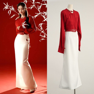 刘诗诗同款新中式国风套装2024春新款高级感红色衬衫减龄半身裙子