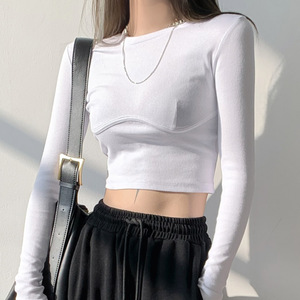白色长袖t恤女秋冬韩版气质设计感露肚脐短款打底衫内搭上衣ins