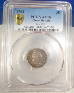 评级币-英国1762年3便士小银币老彩带光（乔治三世）PCGS-AU58