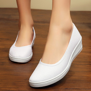 正品老北京布鞋女鞋一字护士鞋白色坡跟上班工作美容鞋透气小白鞋