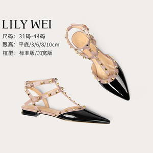 Lily Wei【赛琳】黑色铆钉凉鞋新款罗马小码平底鞋女313233名媛风
