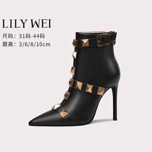 Lily Wei秋冬靴子女个性款2024黑色铆钉高跟短靴细跟尖头甜酷爆款