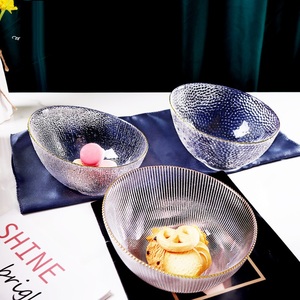 日式金边玻璃斜口碗锤纹沙拉碗餐具家用蔬菜甜品透明大碗火锅碗