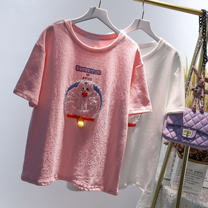 韩国夏季新款重工带钻宽松纯棉粉色短袖T恤女洋气卡通叮当上衣ins