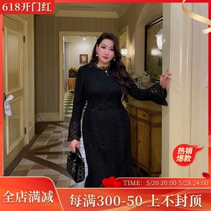 GLEC高端胖mm大码女装2024新款黑色高级感优雅水溶蕾丝缕空连衣裙