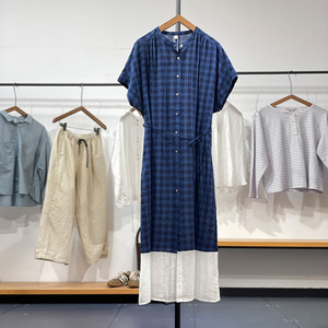 日系学院风甜美斯凡卡夏季新品格子创意拼接系带显瘦单排扣连衣裙