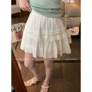 MUKOK 白桃气泡~夏季新款纯色蕾丝花边半身裙女小个子松紧腰短裙