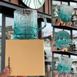 星巴克周年庆杯子395ml海洋浮雕玻璃杯女神高颜值家用咖啡喝水杯