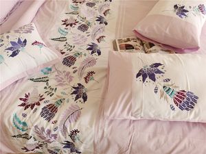 EASY家纺 浅紫色斜纹纯棉四件套 优雅大气刺绣花 田园风外贸床品