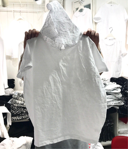 现货 韩国进口女装 Ricco蕾丝镂空洞连帽衫女纯白色棉宽松短袖T恤