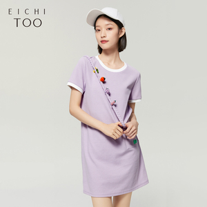 爱居兔夏季新品短裙梦幻紫色麻花包袋设计少女感圆领短袖连衣裙