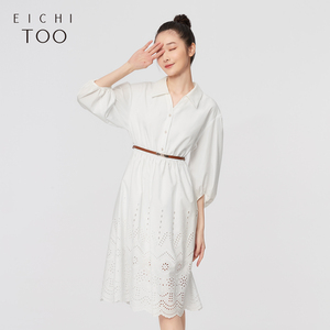 爱居兔夏季新品女装气质高级感中长款白色中袖衬衫连衣裙