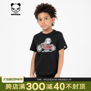 Hipanda你好熊猫设计潮牌国潮男女儿童装熊猫摩托印花休闲短袖T恤