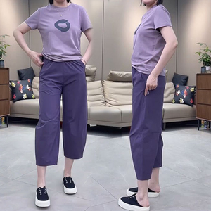 紫色套装女2024新款夏季印花上衣高腰哈伦九分裤子微胖穿搭一整套