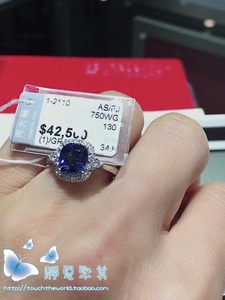 专柜代购 周大福 18K白金镶嵌方形枕形天然蓝宝石钻石戒指GRS证书