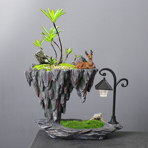 树脂创意绿植文竹六月雪盆栽仿石头假山花盆室内桌面铁树植物摆件