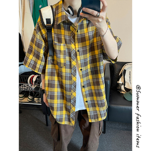 黄色格子衬衫男款短袖夏季日系复古慵懒风廓形大码潮牌格子衬衣服