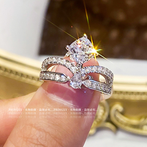 18K金莫桑石钻戒指女公主方双层皇冠奢华水滴时尚美丽繁花求婚戒