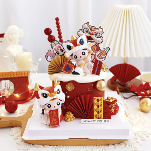 烘焙蛋糕装饰摆件新年醒狮舞狮鹿角男孩女孩福娃国潮春节甜品插件