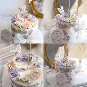 网红母亲节烘焙蛋糕装饰浮雕温柔紫复古围边蝴蝶结插件卡片插牌
