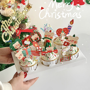 圣诞节纸杯蛋糕装饰摆件插牌圣诞老人小熊马芬杯透明打包盒插件