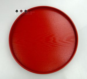 红色圆形木质茶具茶盘  欧式创意木制托盘 特色时尚实木圆盘果盘