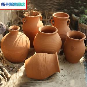 新中式禅意乾燥花盆粗陶插花瓶复古摆件客厅插乾燥花器仿古多肉土