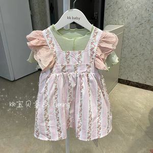韩版童装23春女童小中童洋气可爱清新甜美短袖碎花背带裙两件套