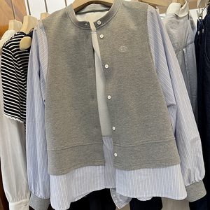 灰色衬衫袖拼接蓝色条纹薄款圆领棒球服单排扣学院风卫衣外套