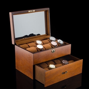 出口美国手表盒实木质双层带锁手链收纳整理盒子玻璃天窗展示礼盒