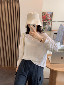 Joo韩国代购  新款 亚麻55% 圆领宽松休闲含人造丝卫衣式长袖T恤