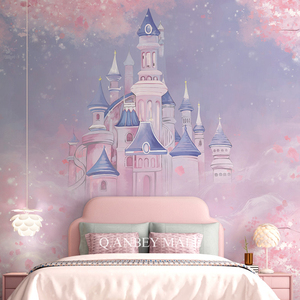 梦幻城堡唯美墙纸卧室床头墙壁纸背景墙儿童房卡通壁布墙布公主房