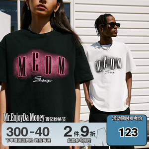 MEDM夏季霓虹灯刺绣短袖T恤男女同款美式嘻哈复古休闲五分袖体恤
