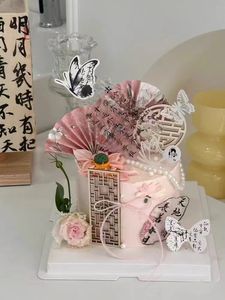 新中式蛋糕装饰木质屏风 如意模具 国风兰亭序扇子粉扇爱莲说蝴蝶