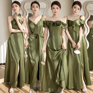 绿色伴娘服2024新款夏季缎面小众高级感婚礼姐妹团礼服裙平时可穿