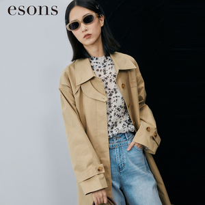 esons/爱城市春装女2024驼色中长款直筒腰带风衣外套大衣