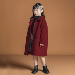 女童装洋气红毛呢外套冬季双面羊绒儿童韩版中大童中长款呢子大衣