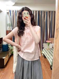 边「邻家女孩」粉色短袖衬衫女夏季薄款日系文艺两面穿亚麻衬衣缝