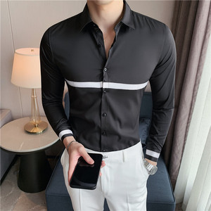 长期做 衬衫男长袖韩版潮流修身个性条纹织带衬衣黑色C666-P60