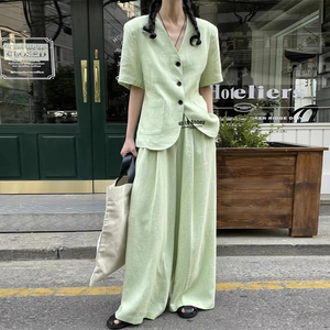 棉麻西装套装女2023夏季新款韩版时髦气质亚麻短袖西服阔腿裤套装