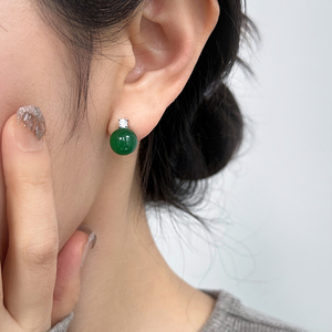 【春季新品】戴妃绿玛瑙耳环轻奢高级感通体纯银耳钉独特气质耳饰