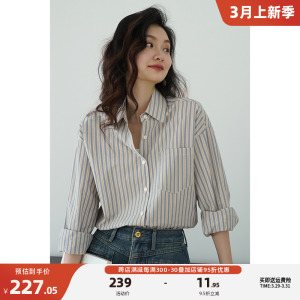 嘉茱莉2024春季新款竖条纹衬衫外套女POLO领上衣中长款衬衣1OO棉