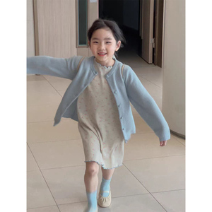 韩国童装女童套装春季2024新款小女孩纯色百搭针织开衫碎花背心裙