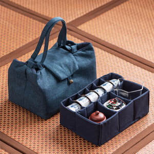 整套旅行茶具收纳包袋子家用户外便携大号茶具收纳盒棉麻布艺包袋