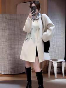 甜美小香风拼接格子白色双面羊绒大衣女设计感高级感羊毛呢外套