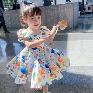 女童韩版洋气裙子花色泡泡袖连衣裙儿童卡通公主裙夏装新款沙滩裙