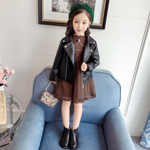 2024新款韩版女童洋气PU皮衣秋季儿童时尚机车服皮夹克小女孩外套