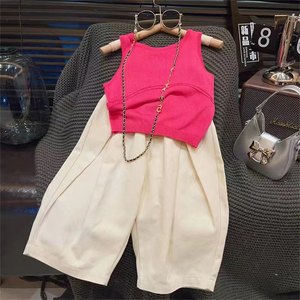 女童套装2024夏款韩版洋气针织背心时髦儿童纯色休闲阔腿裤两件套